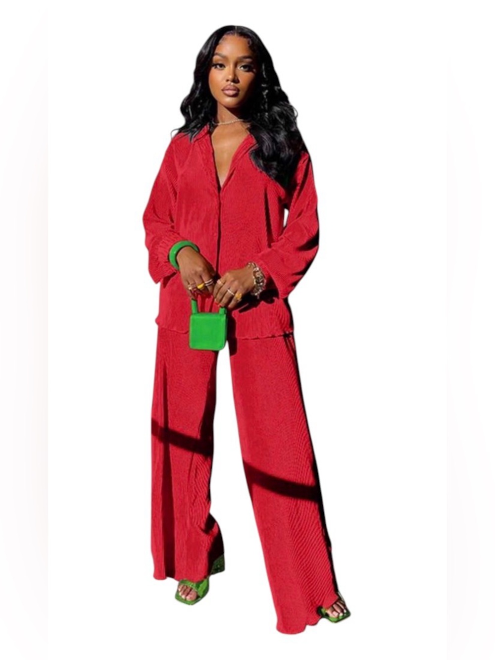 A29 NEYAOLK Womens Red Pleated V-Neck Blouse & Pant Ruffle Hem Y2K 2pc Set NWT
